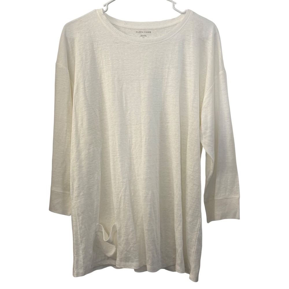 Eileen Fisher Womens White 100% Organic Linen Pocket Tunic Top L Minimalist
